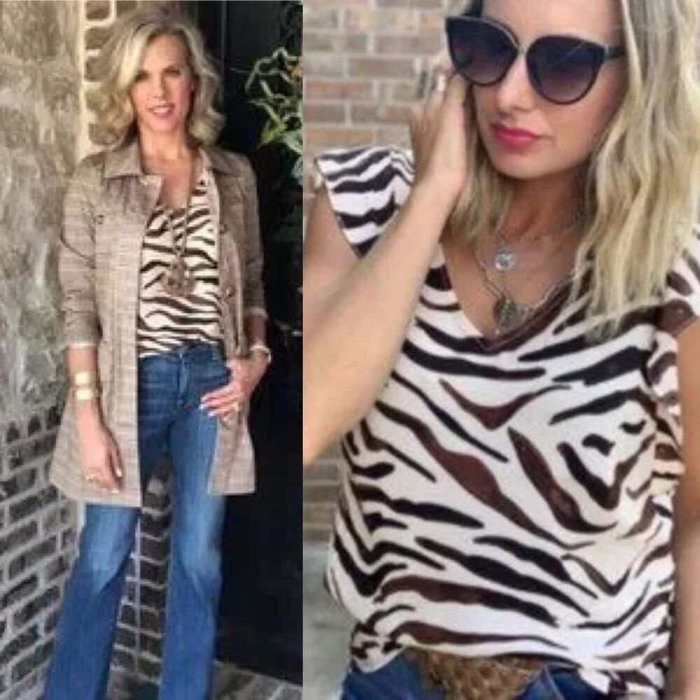 Cabi Ruffle Flutter Sleeve Zebra Print Top Brown Cream‎ Size Medium #3771